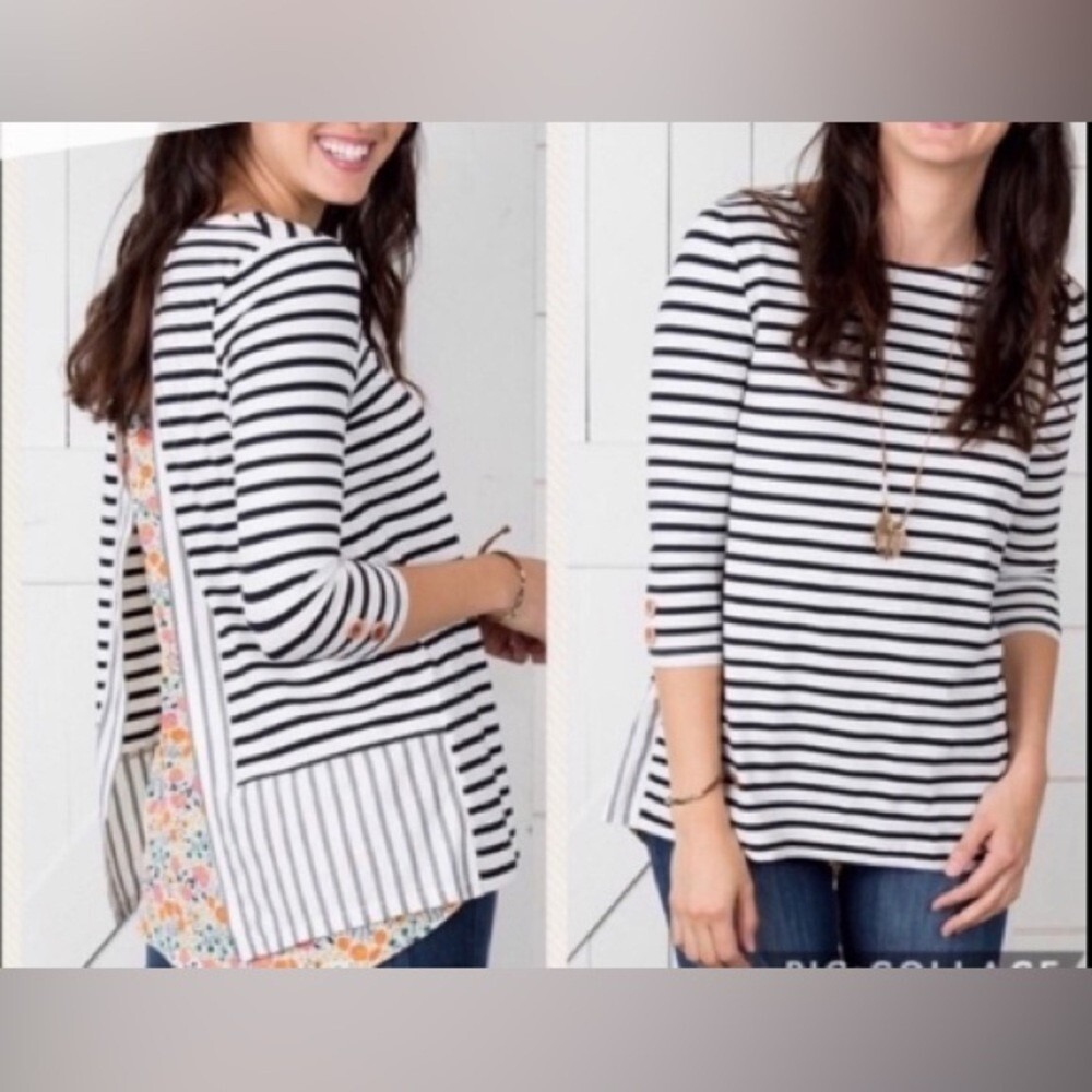 Matilda‎ Jane Joanna Gaines Striped Floral Mixed Media Top Small Black White S